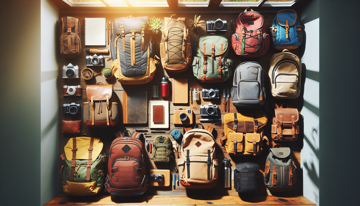 Flat lay of various backpacks showcasing styles for hiking, school, and travel.