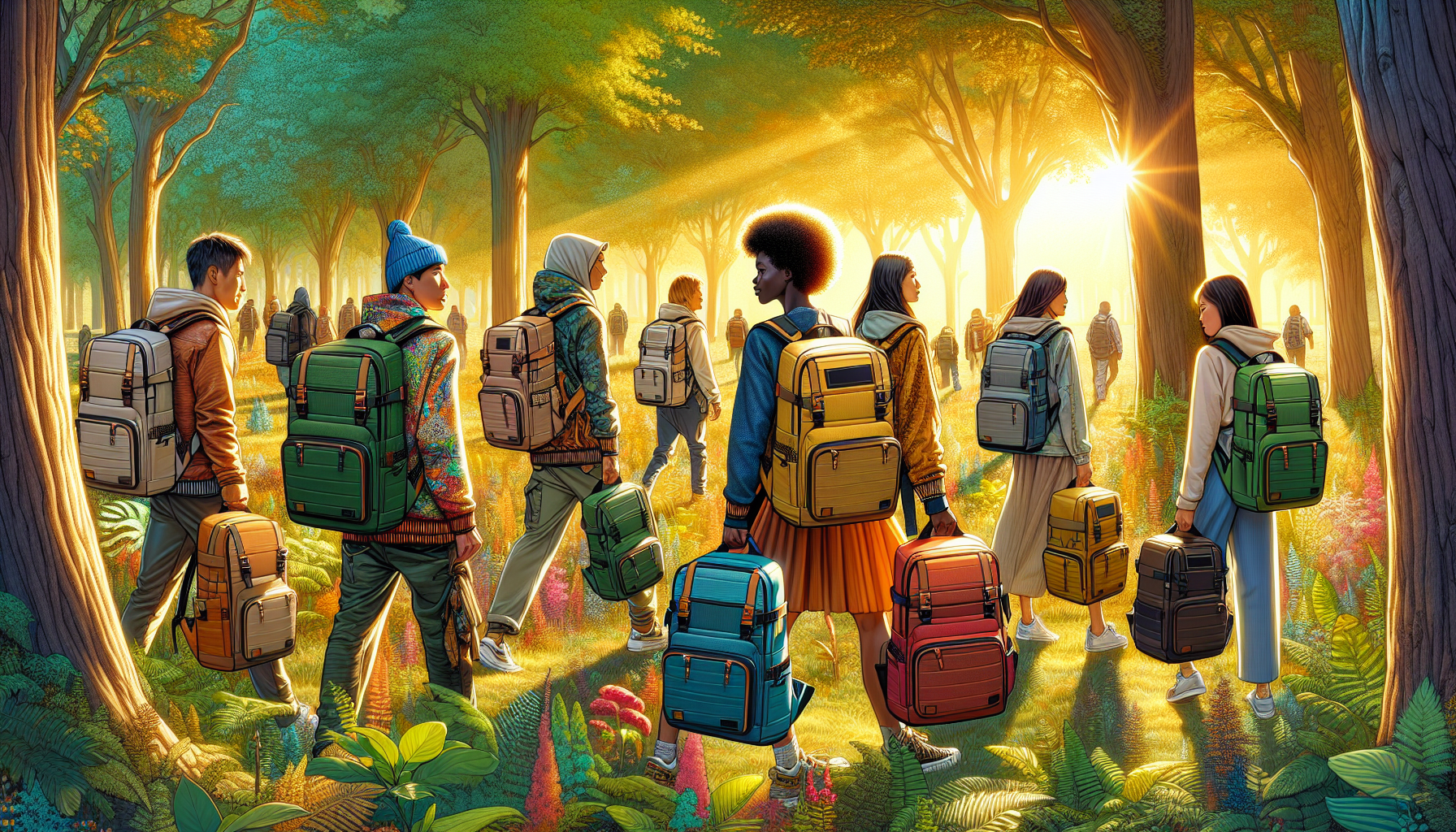 People enjoying nature with stylish, eco-friendly backpacks in a vibrant park.