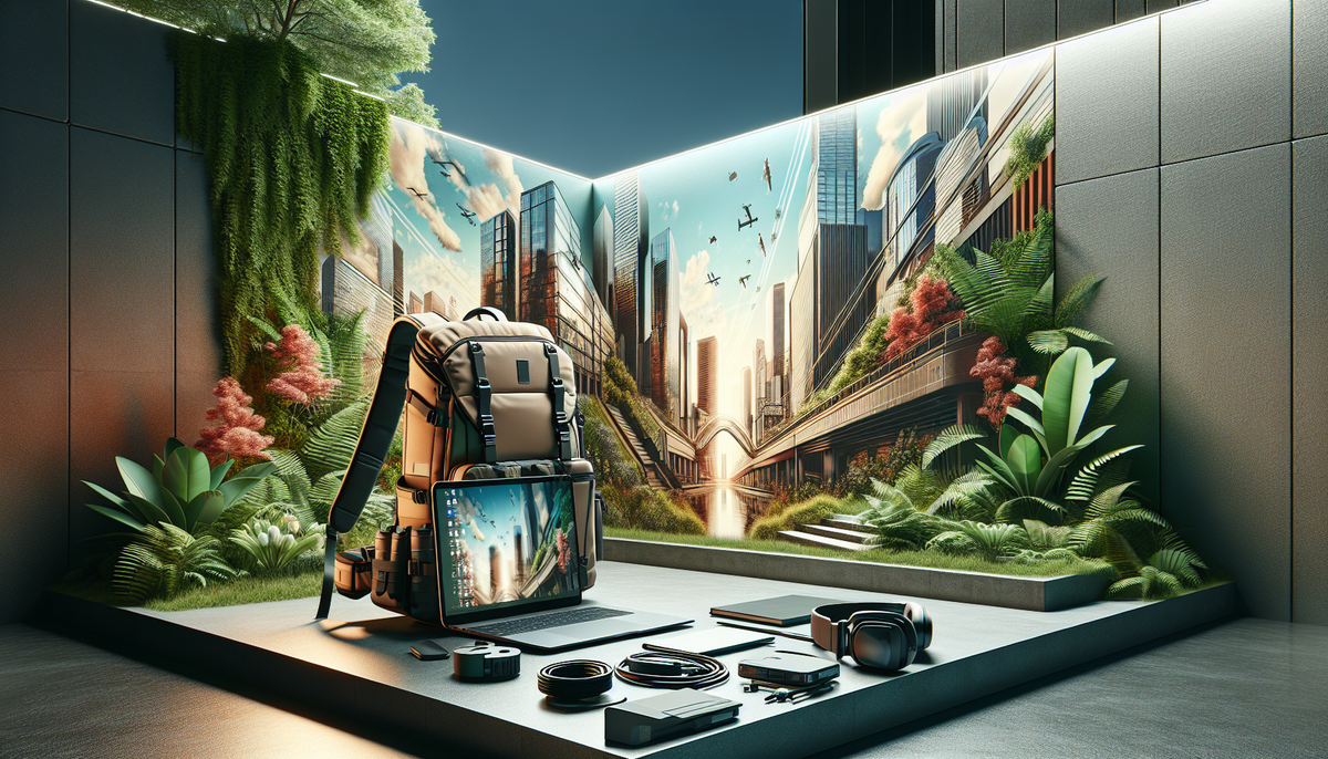 Stylish laptop backpack in an urban outdoor setting with tech accessories.